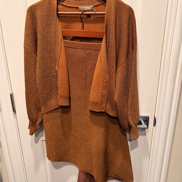 Alice + Olivia Sweaters - Alice + Olivia Rust Metallic Knit Cardigan and Skirt Set